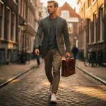 Jonge professional met leren laptoptas wandelt door smalle Amsterdamse grachtensstraat, historische gevels op de achtergrond.