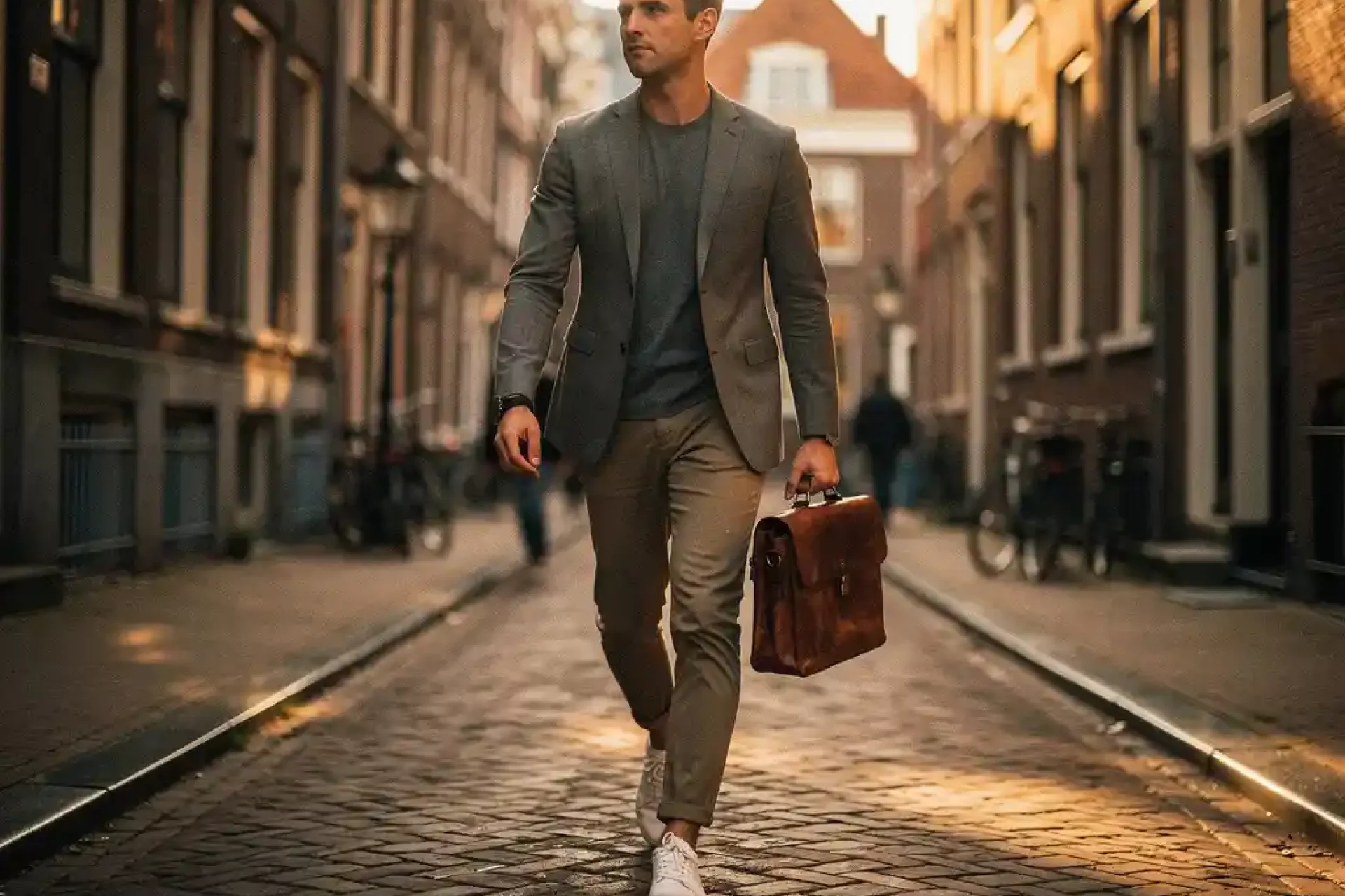Jonge professional met leren laptoptas wandelt door smalle Amsterdamse grachtensstraat, historische gevels op de achtergrond.
