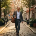 Professional met leren laptoptas wandelt zelfverzekerd door een smalle Amsterdamse gracht, omgeven door bakstenen grachtenpanden in warm middaglicht.
