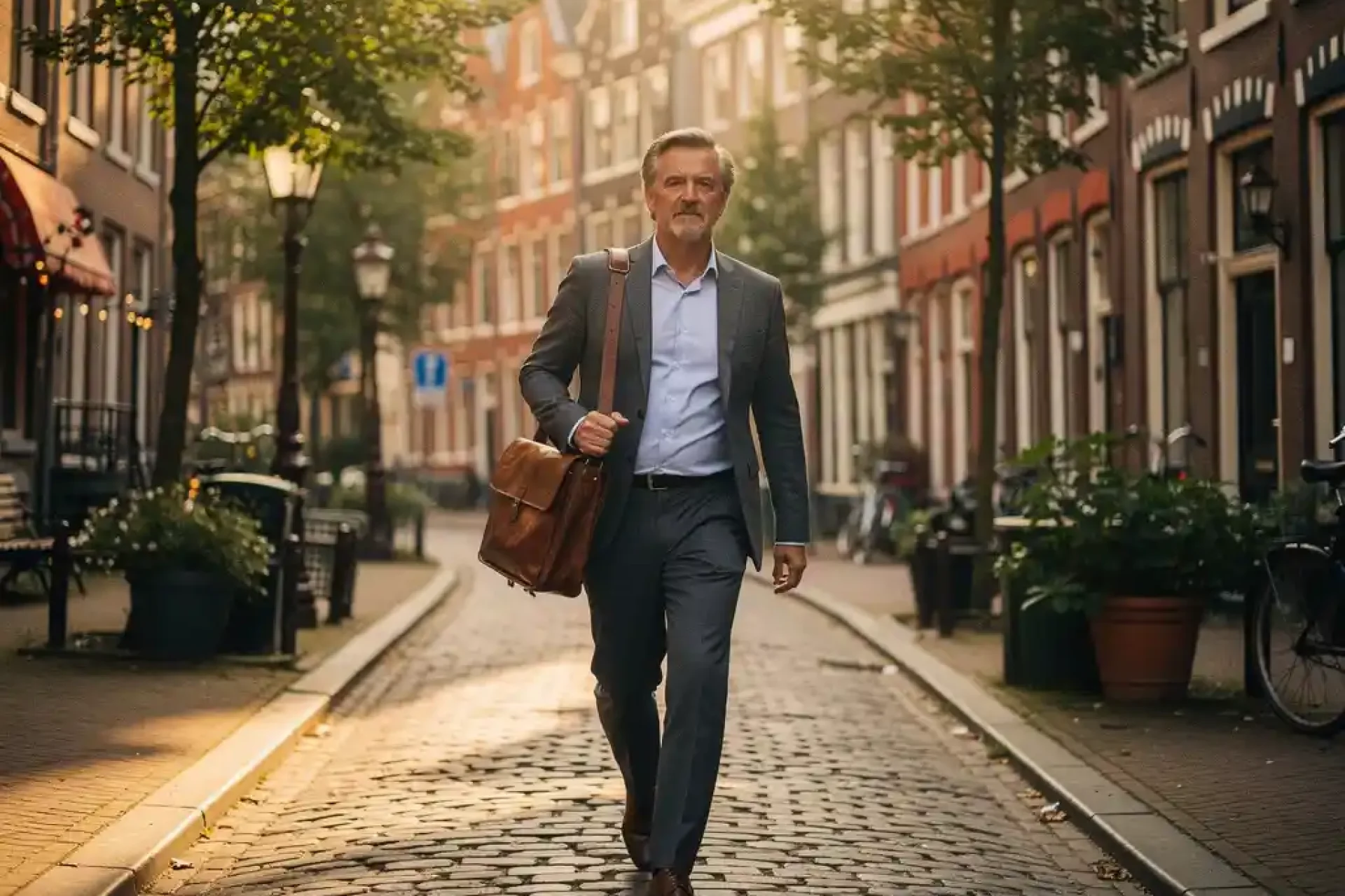 Professional met leren laptoptas wandelt zelfverzekerd door een smalle Amsterdamse gracht, omgeven door bakstenen grachtenpanden in warm middaglicht.