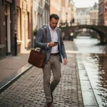 Professional die zelfverzekerd door een smalle Amsterdamse gracht loopt met laptoptas en smartphone, historische gevels op achtergrond.