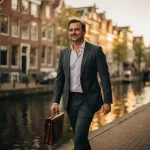 Professional in pak met leren laptoptas loopt zelfverzekerd langs een Amsterdams gracht met bakstenen grachtenpanden in middagzon.