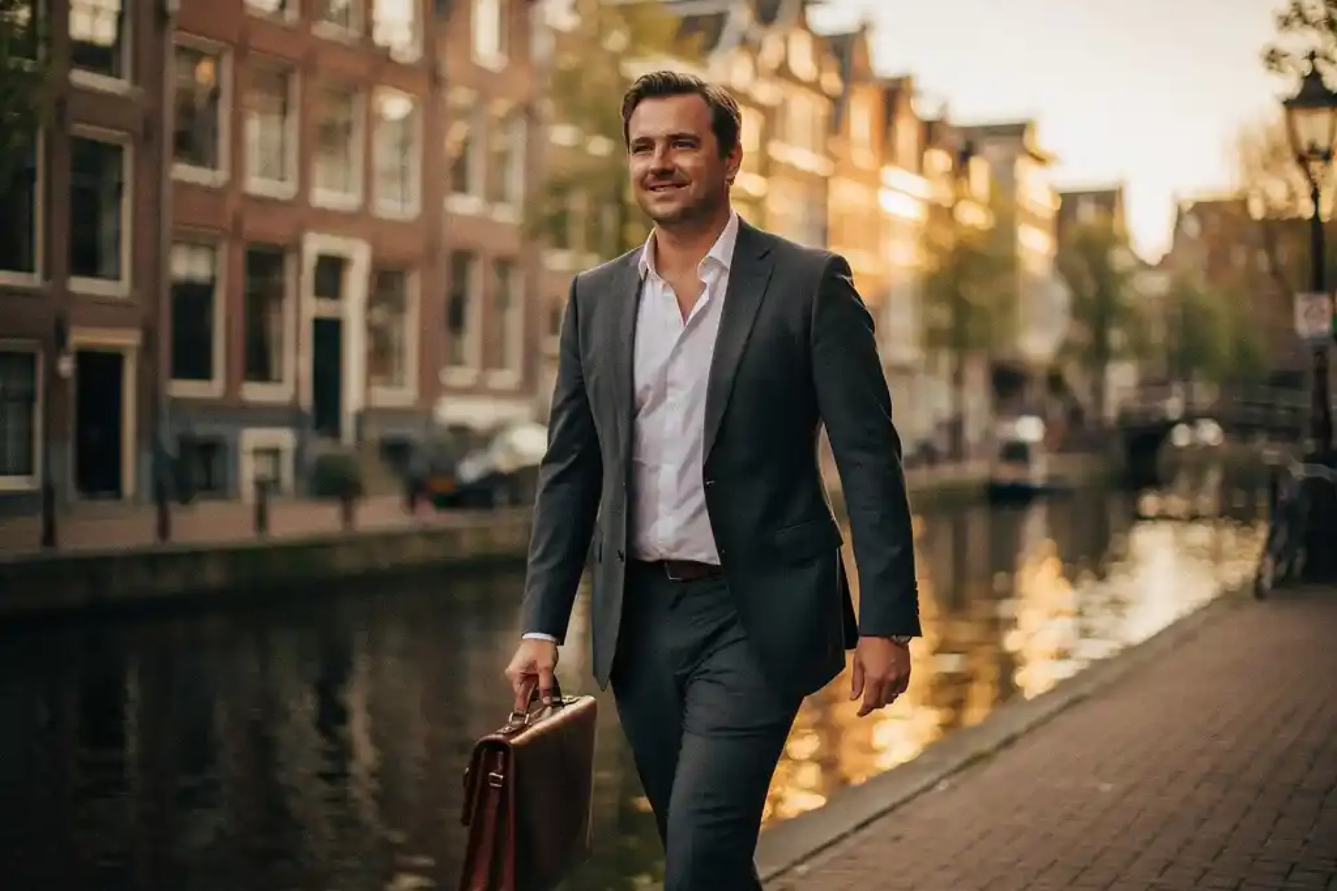 Professional in pak met leren laptoptas loopt zelfverzekerd langs een Amsterdams gracht met bakstenen grachtenpanden in middagzon.