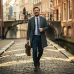 Professional loopt zelfverzekerd door smalle Amsterdamse gracht, met leren laptoptas, historische gevels op de achtergrond.