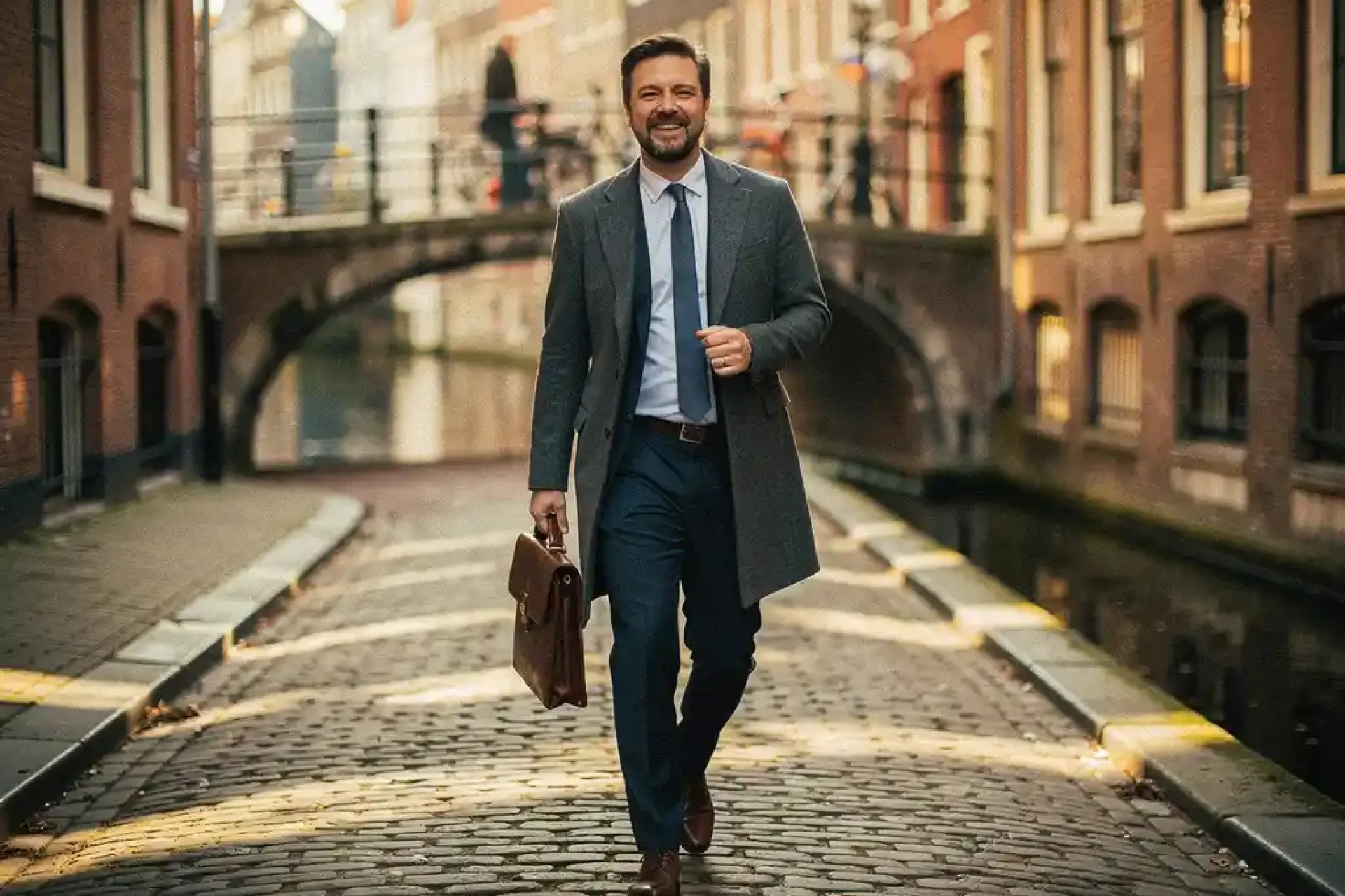 Professional loopt zelfverzekerd door smalle Amsterdamse gracht, met leren laptoptas, historische gevels op de achtergrond.