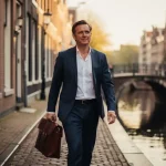 Professional met leren laptoptas wandelt zelfverzekerd door smalle Amsterdamse gracht, historische gevels en boogbruggen op achtergrond.