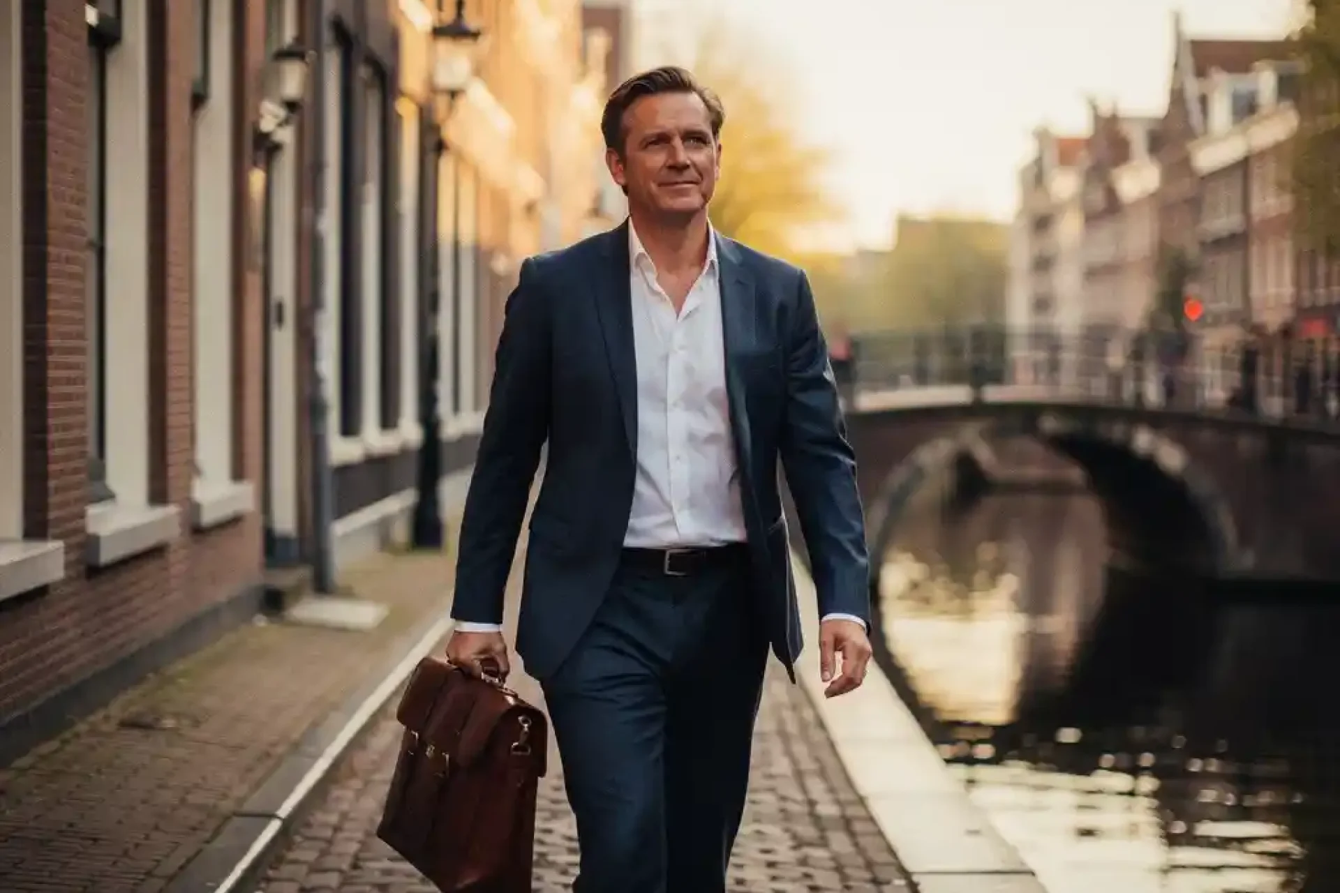 Professional met leren laptoptas wandelt zelfverzekerd door smalle Amsterdamse gracht, historische gevels en boogbruggen op achtergrond.
