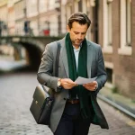 Professional loopt zelfverzekerd door smalle Amsterdamse gracht, laptoptas over schouder, historische gevels op de achtergrond.