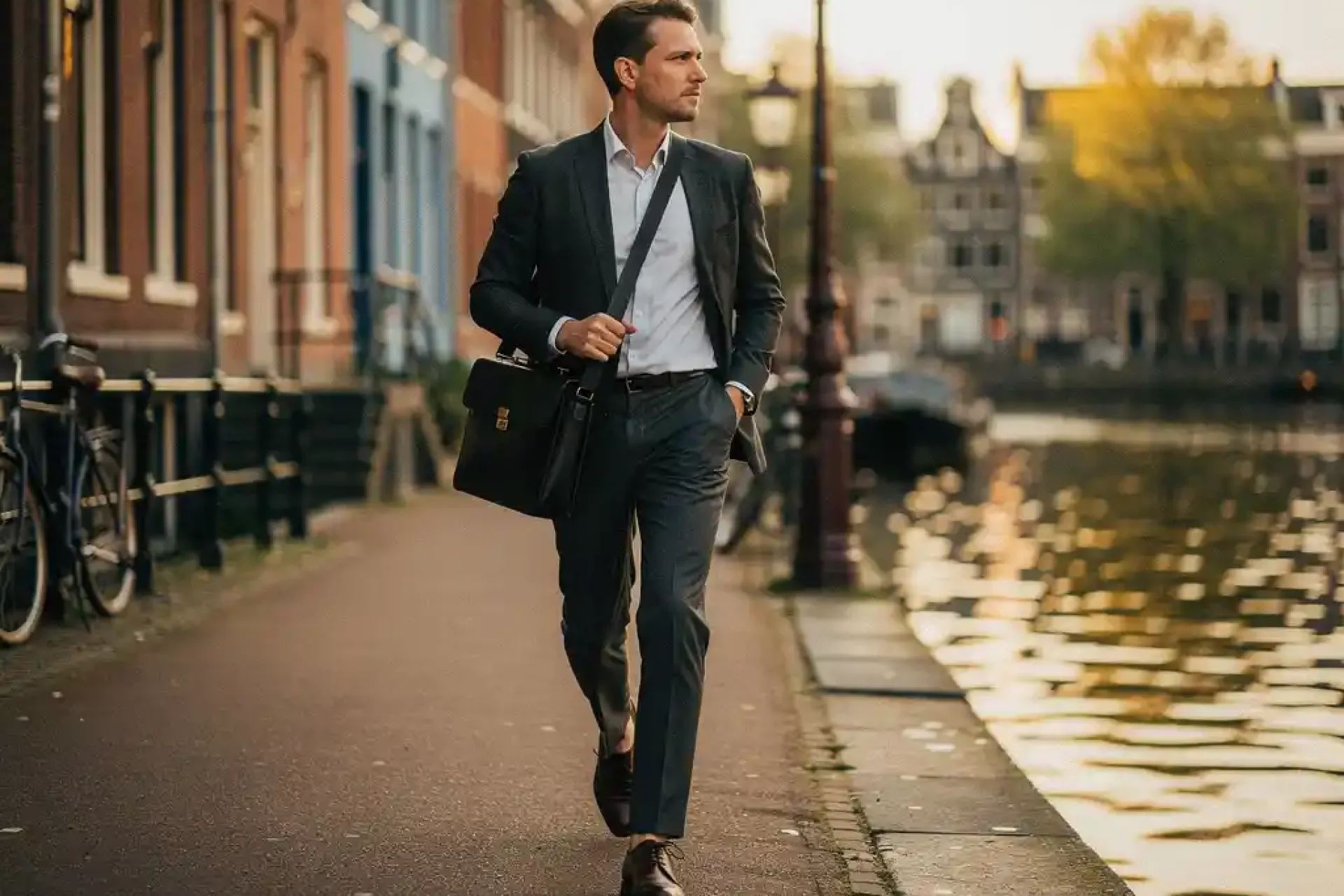 Professional met laptoptas wandelt langs Amsterdams gracht, historische bakstenen gevels en waterreflecties op de achtergrond.