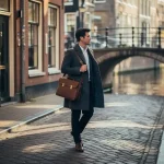 Jonge professional met leren laptoptas loopt zelfverzekerd over een Amsterdamse grachtenstraat met historische gevels op de achtergrond.