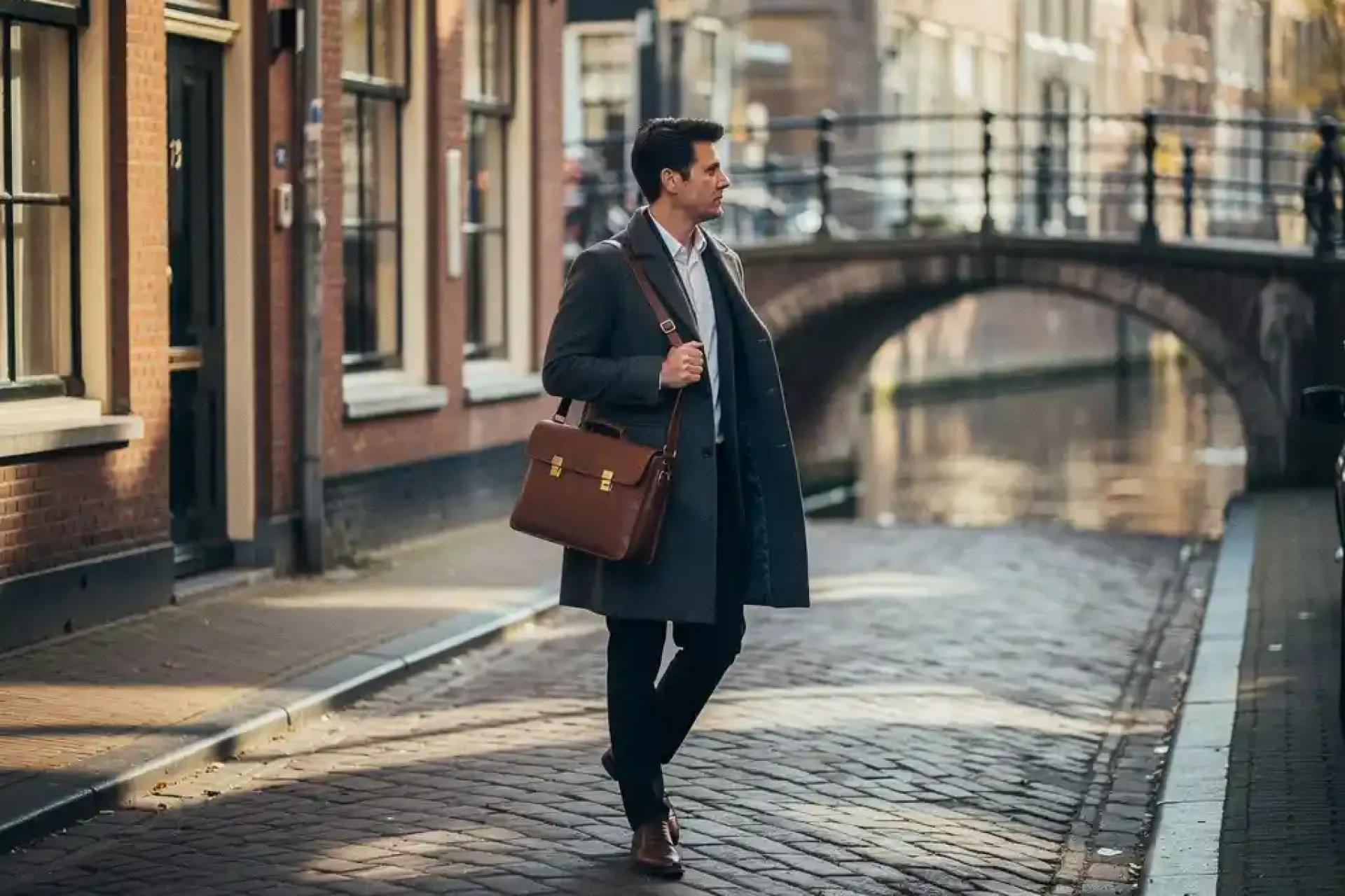 Jonge professional met leren laptoptas loopt zelfverzekerd over een Amsterdamse grachtenstraat met historische gevels op de achtergrond.