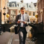 Professional met laptoptas wandelt zelfverzekerd door smalle Amsterdamse gracht, aantekeningen in hand, warme bakstenen gevels op achtergrond.