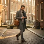 Professional op smartphone kijkend met laptoptas door smalle Amsterdamse grachtenstraat, warme bakstenen gevels op de achtergrond.