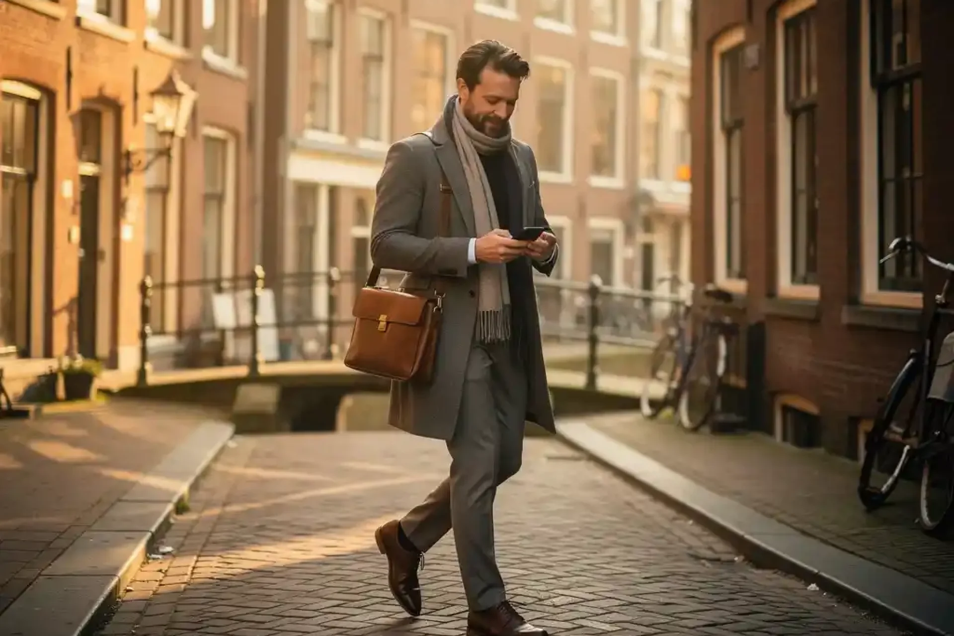 Professional op smartphone kijkend met laptoptas door smalle Amsterdamse grachtenstraat, warme bakstenen gevels op de achtergrond.