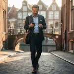 Professional met laptoptas en smartphone loopt langs Amsterdams grachtenpand op kinderkopjes, warme amberkleurige daglichttinten.