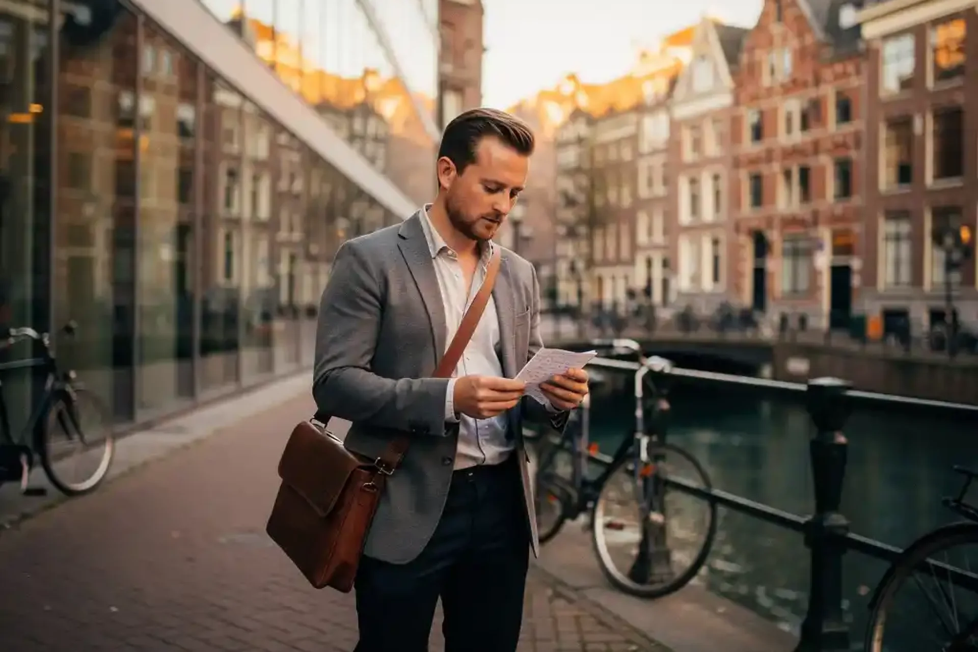 Jonge professional controleert handgeschreven notities voor een glazen kantoorgebouw aan een Amsterdams grachtenpand in warm middaglicht.