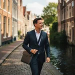 Professional loopt doelgericht over een keienstraatje langs een Utrechtse gracht, omringd door Hollandse grachtenpanden in warm daglicht.