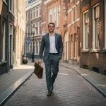 Professional met leren laptoptas wandelt zelfverzekerd door een historische Utrechtse gracht met kinderkopjes en bakstenen gevels.