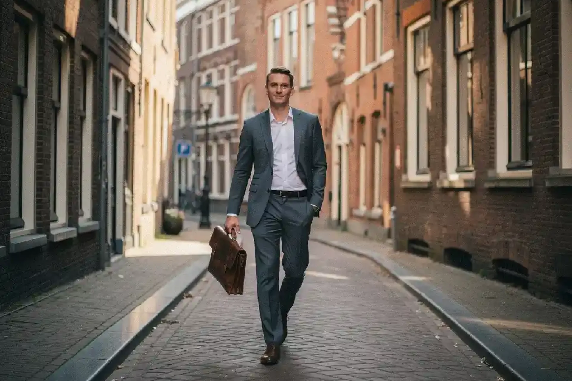 Professional met leren laptoptas wandelt zelfverzekerd door een historische Utrechtse gracht met kinderkopjes en bakstenen gevels.