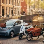 Elektrische stadsauto, scooter en bakfiets naast elkaar op een zonnige Amsterdamse gracht met leren tas op de motorkap.