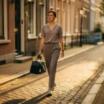 Thuiszorgmedewerker met medische tas loopt langs een Amsterdams grachtenpand in warm middaglicht op kinderkopjes.
