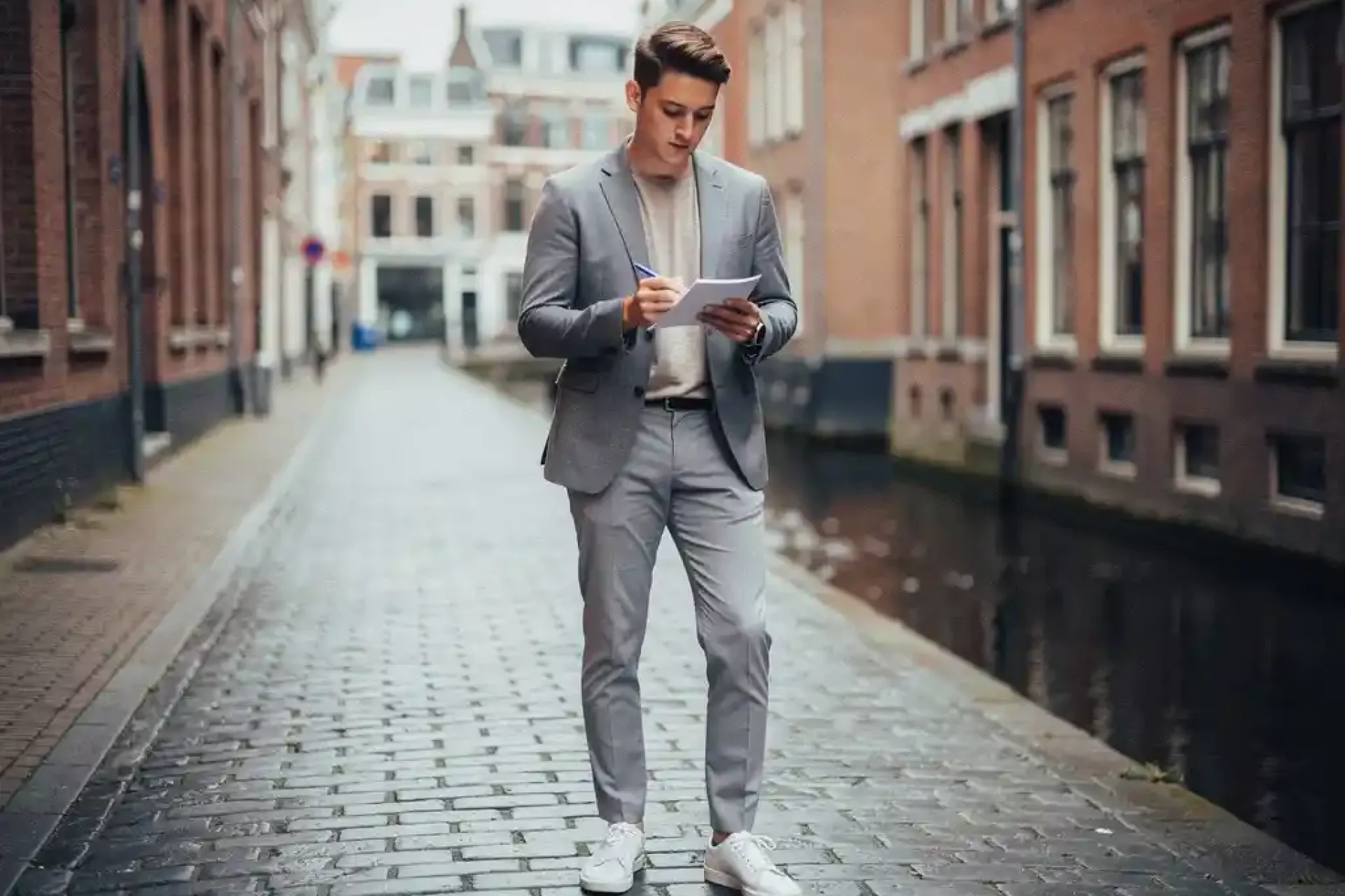Jonge professional bekijkt aantekeningen buiten een modern kantoorgebouw in Utrecht, smal grachtstraatje op de achtergrond.