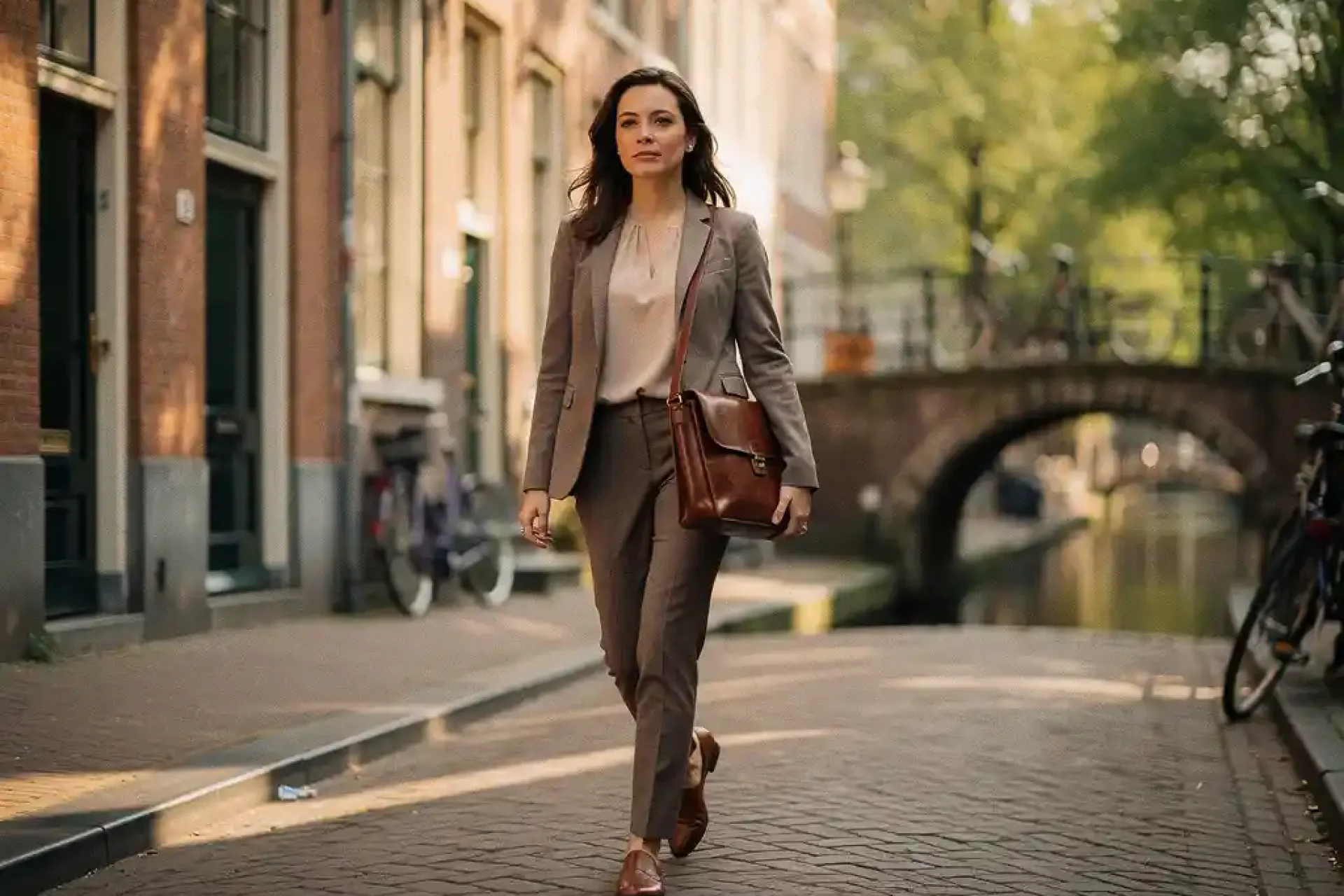 Jonge zakenvrouw met laptoptas loopt doelgericht over een Amsterdamse keiensstraat langs historische grachtenpanden.
