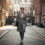Zakenvrouw met laptoptas loopt over Amsterdamse keistraat langs historische grachtenpanden en boogbruggen in warm middaglicht.