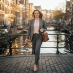Vrouwelijke consultant met leren laptoptas loopt zelfverzekerd over een Amsterdamse grachtenbrug met historische gevels op de achtergrond.
