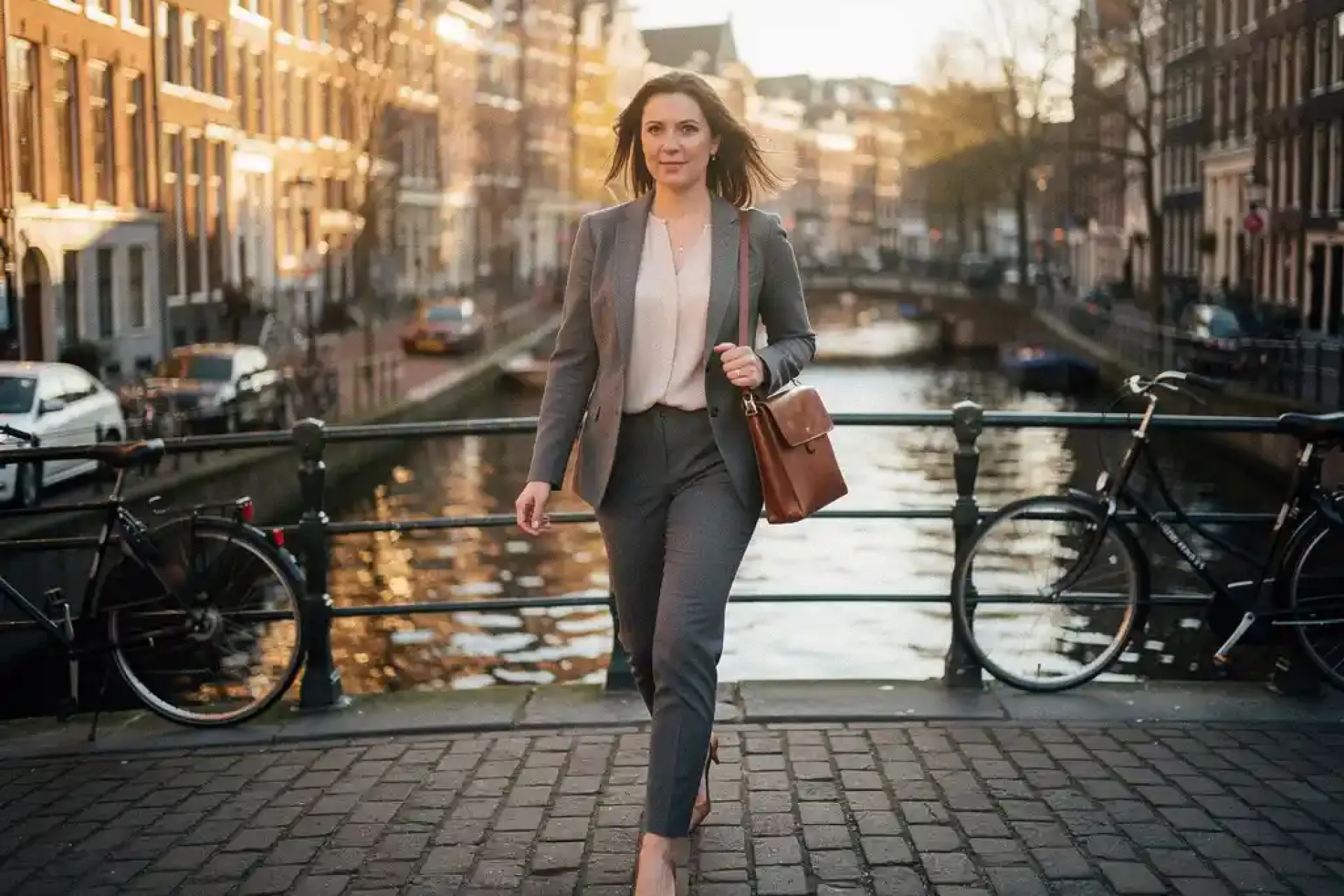 Vrouwelijke consultant met leren laptoptas loopt zelfverzekerd over een Amsterdamse grachtenbrug met historische gevels op de achtergrond.