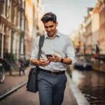 Jonge professional met laptoptas en smartphone op een Amsterdamse grachtenstraat, historische gevels op de achtergrond.