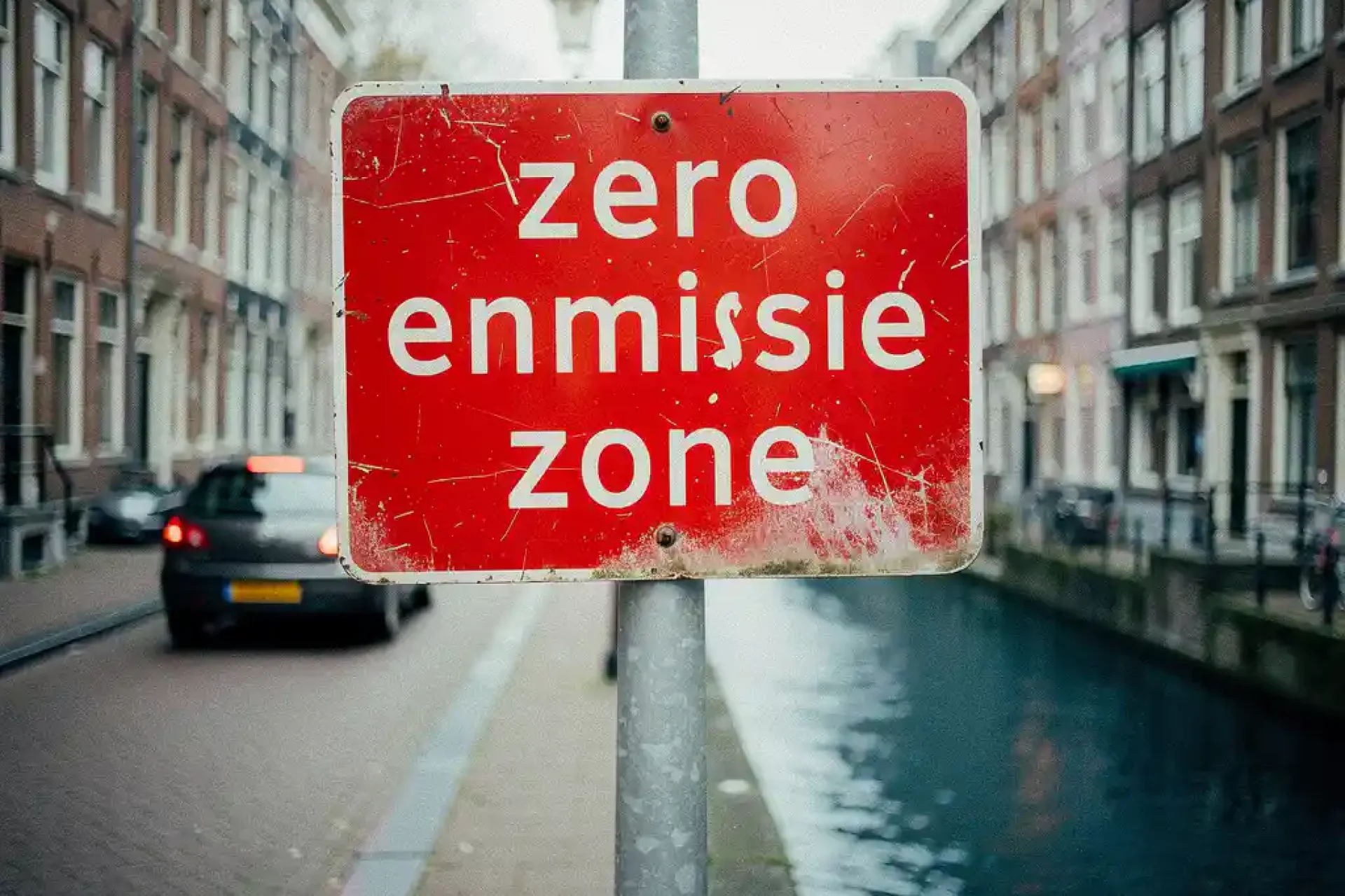 Versleten rood zero-emissiezone-bord op een Amsterdamse grachtenstraat met smalle bakstenen gevels op de achtergrond.